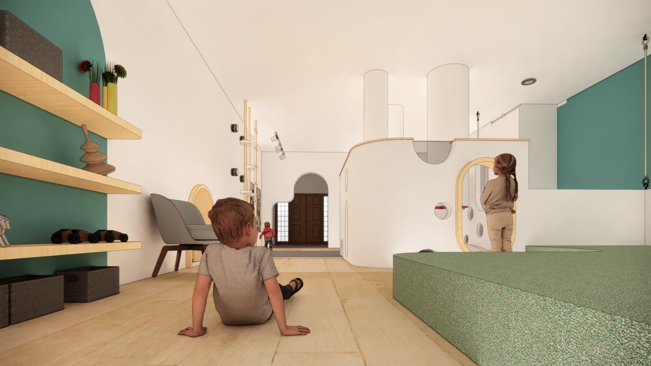 A round window seat with a child climbing