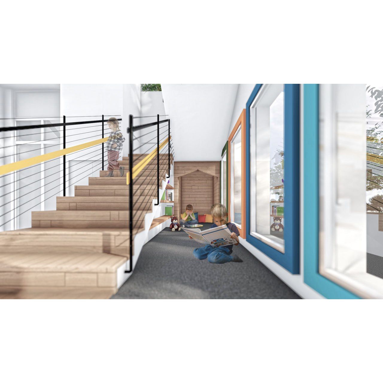 A light-filled atrium with stairs and play structure